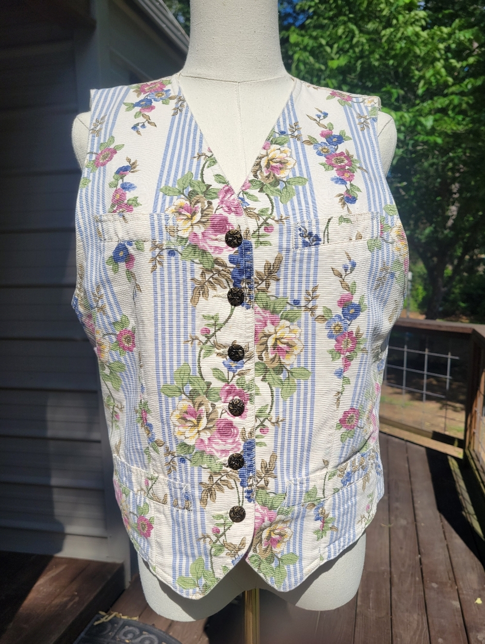 80s Liz Claiborne Vintage Floral Vest, Linen Blend 100% Cotton